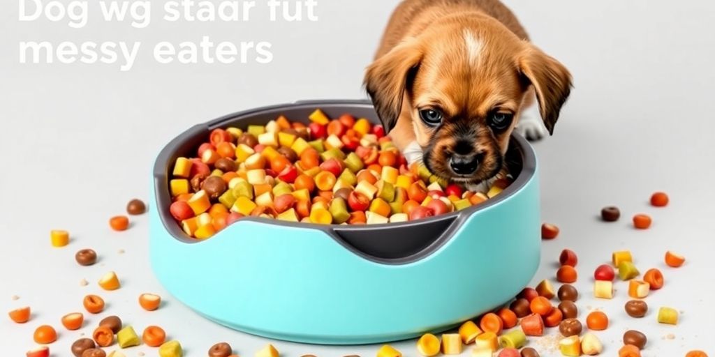 Stylish dog bowl with scattered kibble and playful puppy.