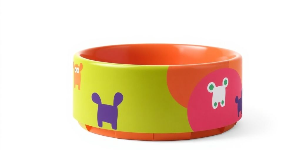 Colorful fade-resistant dog bowl with playful design.
