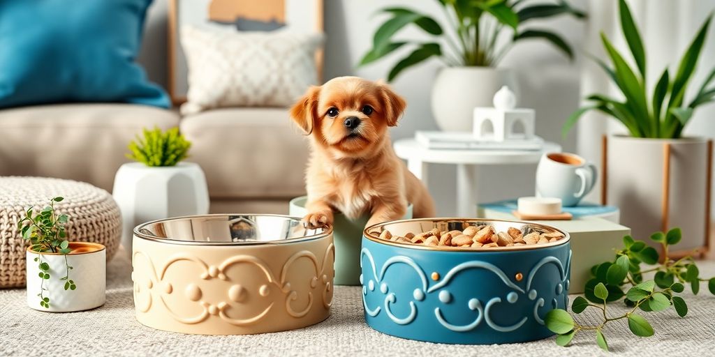 Stylish dog bowls in a cozy home setting.