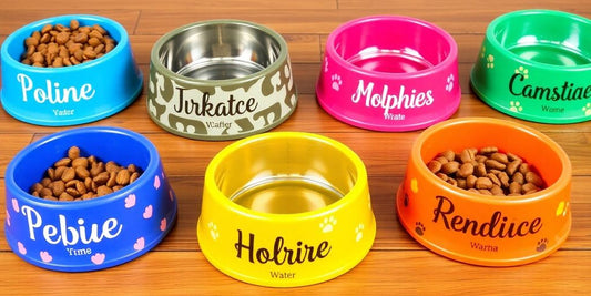 Personalized dog bowls with names in vibrant colors.