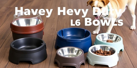Durable dog bowls for aggressive chewers on wooden surface.