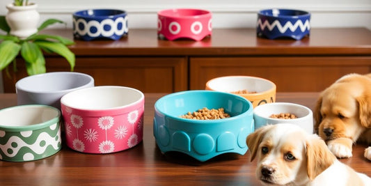 Colorful designer dog bowls with a playful puppy nearby.