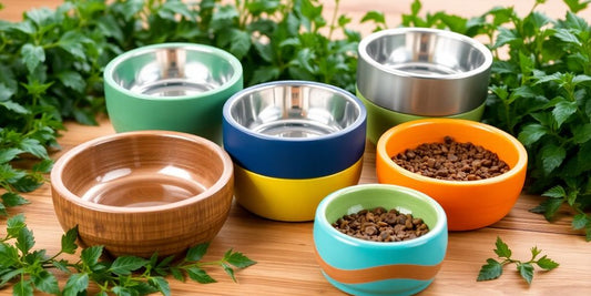 Assorted eco-friendly dog bowls on a wooden surface.