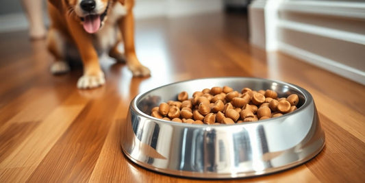 Stainless steel dog bowl filled with kibble and dog.
